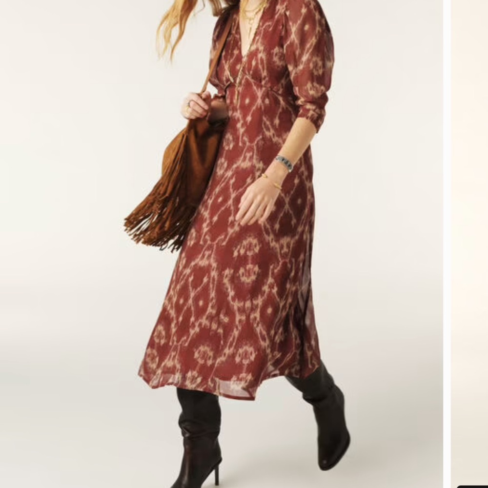 ba&sh Burgundy Patterned Long Sleeve Matsa Dress size small